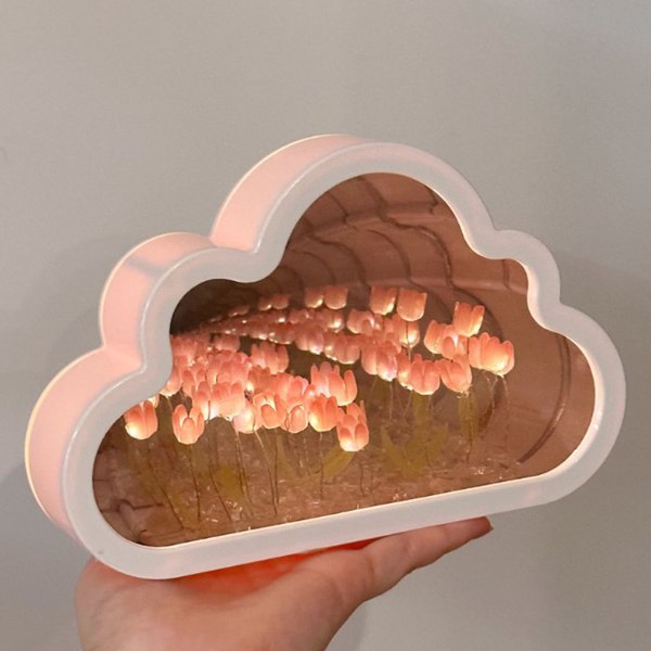 Tulip Cloud Mirror Night Lights 20 Rosa Blomster Plast Innebygde Batterier DIY Cloud Mirror Tulip Lampe for Bursdag Valentinsdag