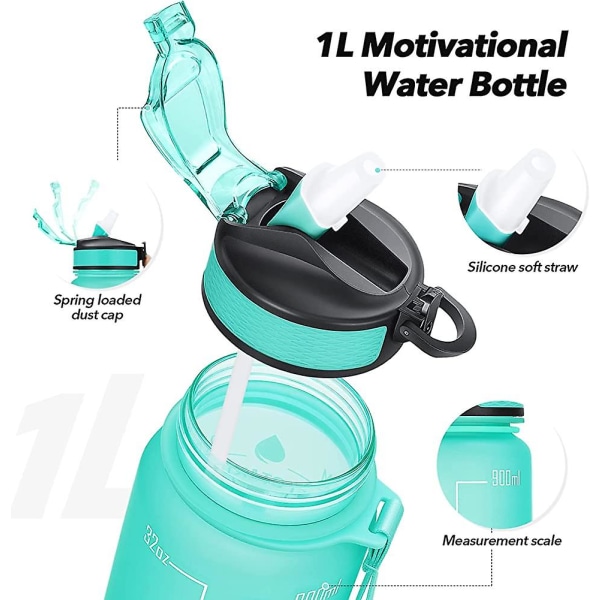1 liters Motivational Fitness Sport vattenflaska med sugrör & Time Maker