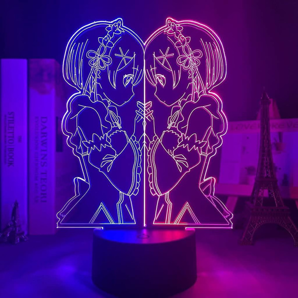 Anime 3D Lampe Rem og Ram fra Re Zero Starting Life in Another World Natlampe til Soveværelsesindretning Fødselsdagsgave LED Natlys (Farve: A)BY B