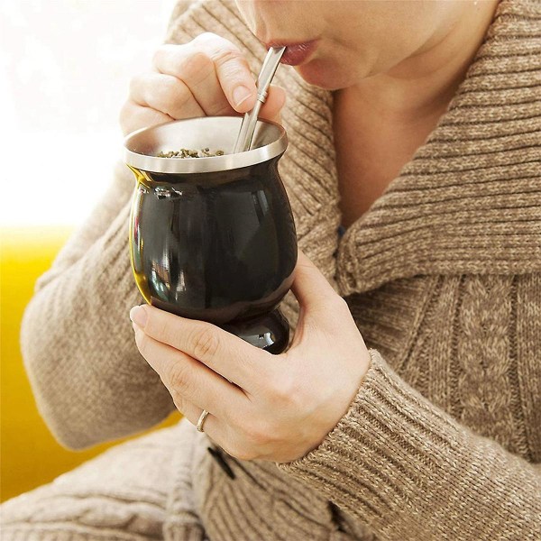 Yerba Mate Sæt Dobbelt-Vægget Rustfrit Stål Te Kop og Bombilla 8 Ounces Bombillas Yerba Mate Sugerør - Bla Black