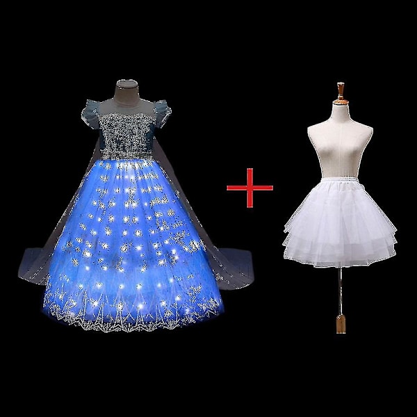 1&2 Anna Elsa LED-lysende kjole for jenter, julekostyme, festkjole, snødronning, karnevalskjole LED Light Up Dress 5-6T (130)