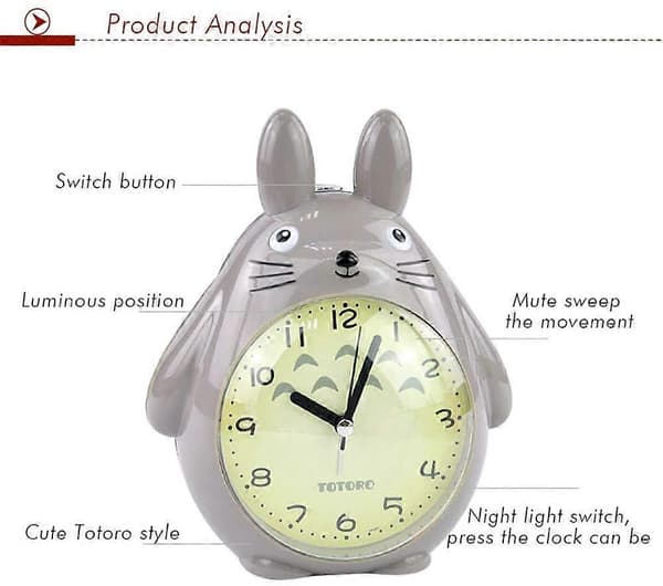 Wekity For Totoro-tema, slumrefunksjon, stille og LED-nattlysklokker, beste gave til barn, tenåringer og venner, grå