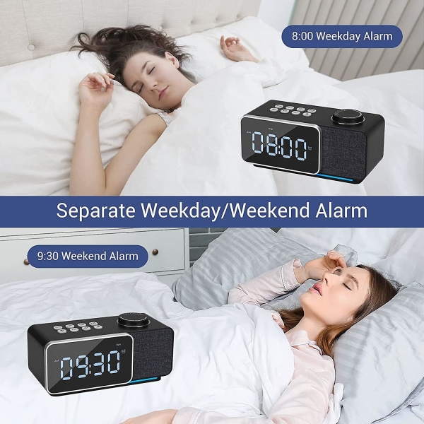 Sovrumsklockradio med veckodag/helgalarm, dimmer, justerbar volym, färg nattlampa, timer, USB laddningsportar, digital sängklocka Black
