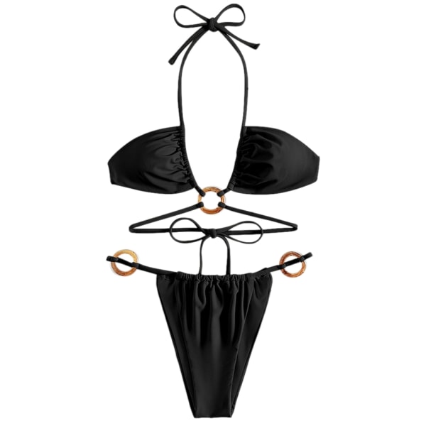 Kvinnor Två delar Sexig Halter Neck Högskuren String Baddräkt Set Push Up Bikinis Snörning Badkläder Baddräkter Strandkläder Black L