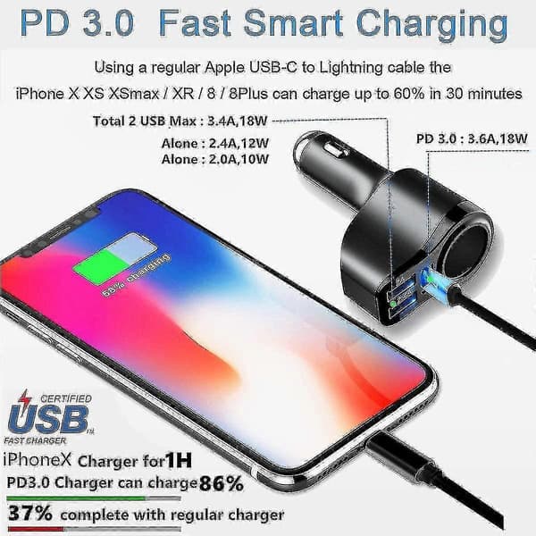 4-i-1 USB C Billader 36W USB Sigarettenner Socket Splitter Adapter -ayane