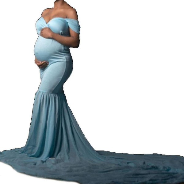 Gravid kvinnors off Shoulder-fotografering Gravid Maxiklänning Fotoklänningar D Light Blue