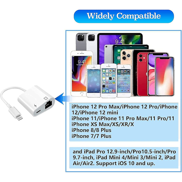 Lightning-Ethernet-sovitin, [yhteensopiva Apple Mfi-sertifioinnin kanssa] 2-in-1 RJ45 Ethernet LAN -verkkosovitin latausportilla, Plug and Play, tuki