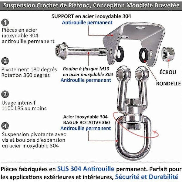 Sterk Takkrok, 500KG Hengekøye Brakett Rustfritt Stål 360° Rotasjon Tak Hengekrok Festesystem for Sving, Hengekøye, Sandsekk, Luftakrobatikk