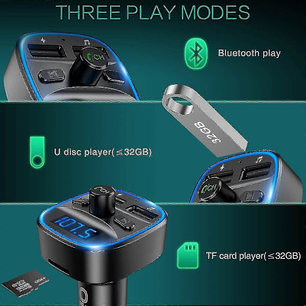 Oria Bluetooth FM-lähetin 5.0, Langaton Radiosovitin Mikrofonilla & 2 USB-A