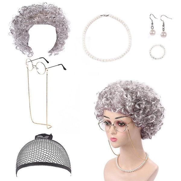 7 stk./sæt Bedstemor Gamle Dame Udklædningssæt Bedstemor Kostume Paryk Voksen Barn Halloween Maskerade Cosplay Fest Heks Dekoration Begivenhed  [DmS] Dark Silver Afro