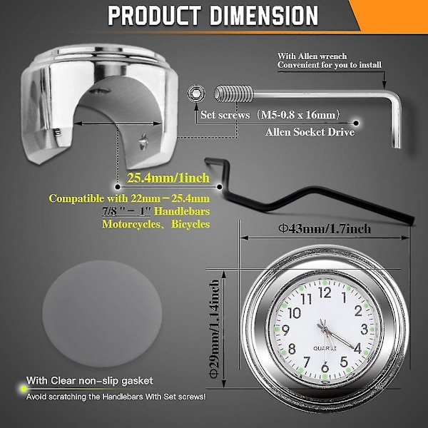Universal Motorcykel Styr Ur Cykel Termometer Vandtæt Udskiftning Til Motorcykler Cykler 22mm-25.4mm7/8\"\"- 1\"\" Styr Sølv Skal Silver black dial temp
