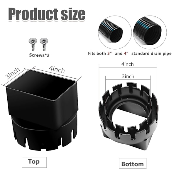Adapter for nedløpsrør til takrenne (adapter for firkantet takrenne på 3 tommer x 4 tommer til avløpsrør) passer til utendørsrør på 3 eller 4 tommer Black