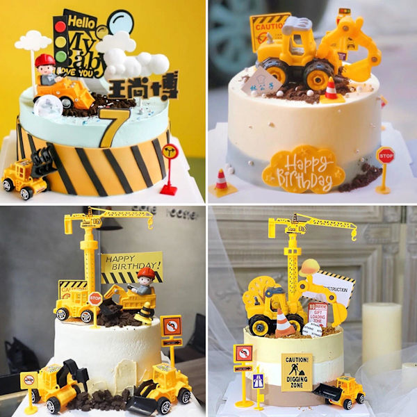 Rakennusajoneuvojen kaivinkoneen kakkukoriste, kaivukoneen liikennemerkkikakkupäällyste pojan syntymäpäiväjuhliin lelulahjaksi Small Excavator 6Pcs