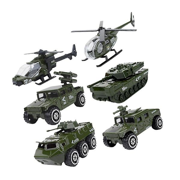 6 st 1:87 Legering Glidande Bilmodell Set Legering Militärfordon Mini Diecast Bil Leksak Set Helikopter Tank Pansarbil För Barn Pojkar
