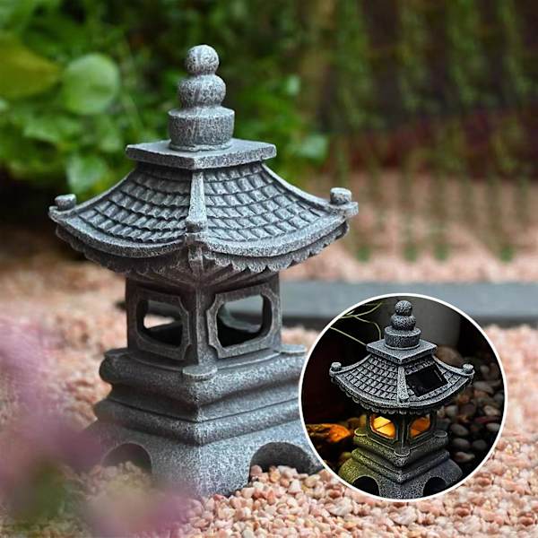 Solcellelys Udendørs Pagode Havefigur, Solcellefigur Havedekoration, Udendørs Havelygte, Led Havelys Med Simuleret Pagodeudsalg Gray Free Size