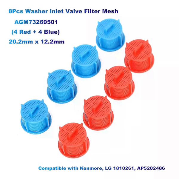 8 kpl Pesukoneen tuloventtiilin suodatinverkko AGM73269501 (4 punaista + 4 sinistä) 202 mm x 122 mm, yhteensopiva Kenmore LG 1810261 AP586 kanssa