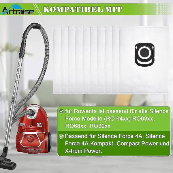 Pakke med 10 støvsugerposer - Til Rowenta Hygiene + Zr200520, Til Rowenta Compact Power, X-trem Power og Silence Force (ro64xx Ro63xx Ro68xx Ro39x