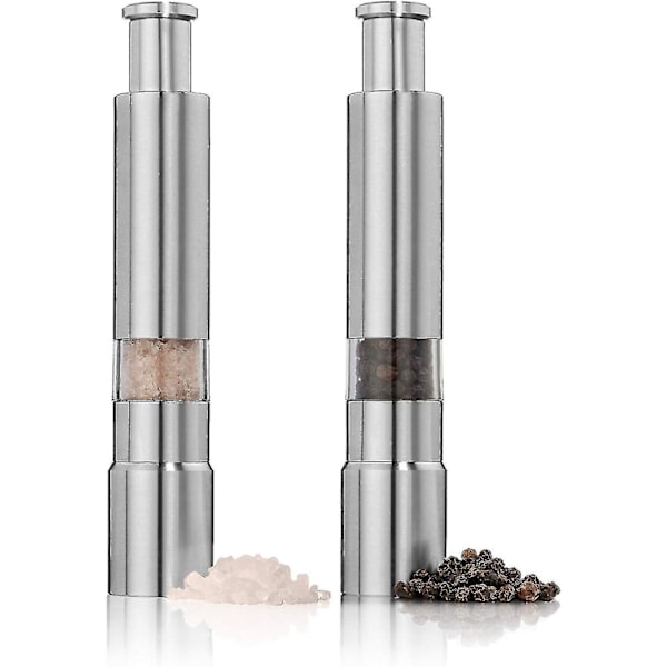 Salt- og pepperkvernsett med 2 stk, rustfritt stål trykknappkvern, for svart pepper, krydder og salt