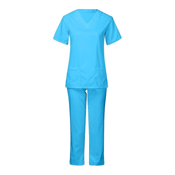 Unisex legetopp og bukse skrubbsett sykepleier tannlege dress for medisinsk bruk Sky Blue M