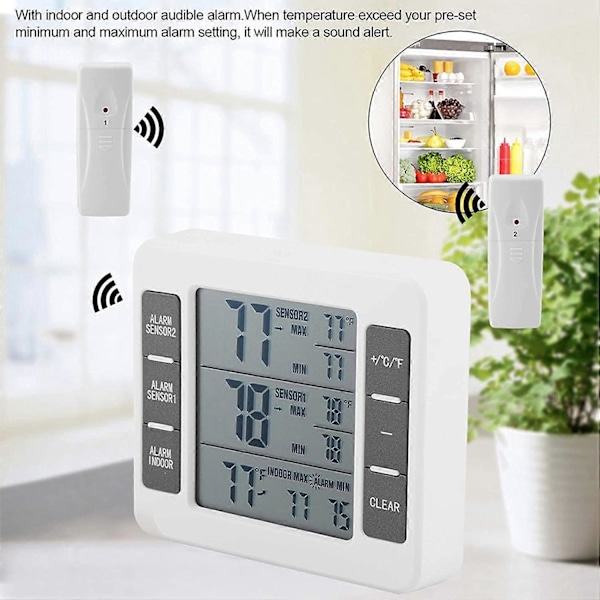 ZK- Kylskåpsfrystermometer Digitalt Alarm Hörbart Alarm med Trådlös Sensor Min/Max Display