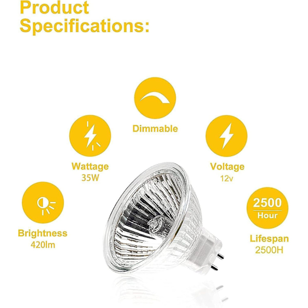 MR16 Spotlys, 12V 35W Lyspære, GU5.3 Lyspære Dimbar, 2-Pols Halogen Lyspærer Varmt Hvit 2700K, Pakke med 12 (mr16-35w-12p)