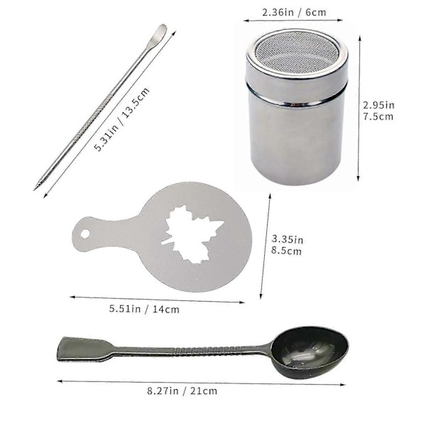 Rustfrit Stål Chokolade Shaker Duster + 16 Cappuccino Kaffe Barista Stenciler Kaffe + Måleske + Kunst Stenciler Pen