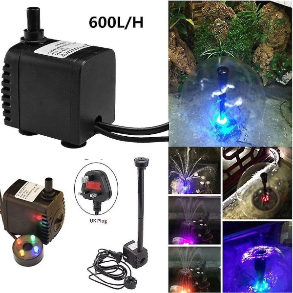 Elektrisk Vattenfontänpump 600l/h Med 4 LED För Utomhus Trädgård Fiskedamm - Liten Fontän UK Plug