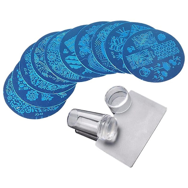 10 stk. Stemplingsplader + Klar Silikon Stamper + Skraber Neglekunst Billede Stemplingsværktøj Manicure Skabelon