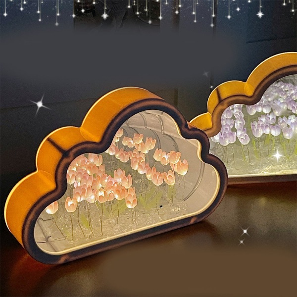 Tulip Cloud Mirror Night Lights 20 Rosa Blomster Plast Innebygde Batterier DIY Cloud Mirror Tulip Lampe for Bursdag Valentinsdag