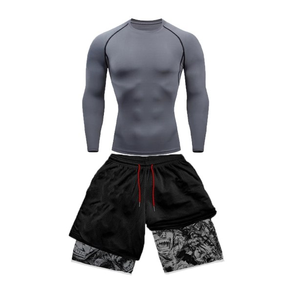 Herre Kompressionssæt Sports Fitness Hurtigtørrende Sæt Stram Kortærmet Anime Dobbelt Lag Shorts Sommer grey M