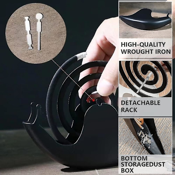 Røgelseholder, myggespiralholder, snegleformet røgelsebrænderholder til boligindretning på kontoret i soveværelset, myggespiralornament Black