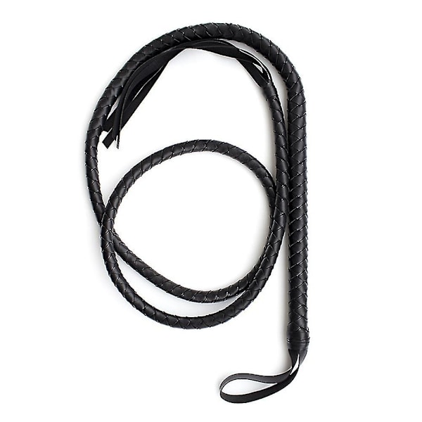 1,9 m Bull Whip i Læder og Svedeskind med Flettet Hale - Ridepisk til Heste (sort) BY