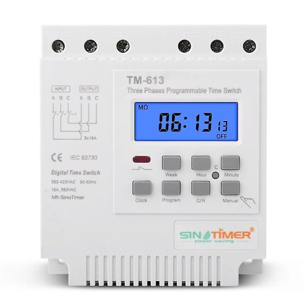 SINOTIMER TM613 AC 380V/16A Johdinlaskenta-aika-kytkin 7 päivää 24 tuntia kylpyhuoneen tuulettimille lämmittimille Li