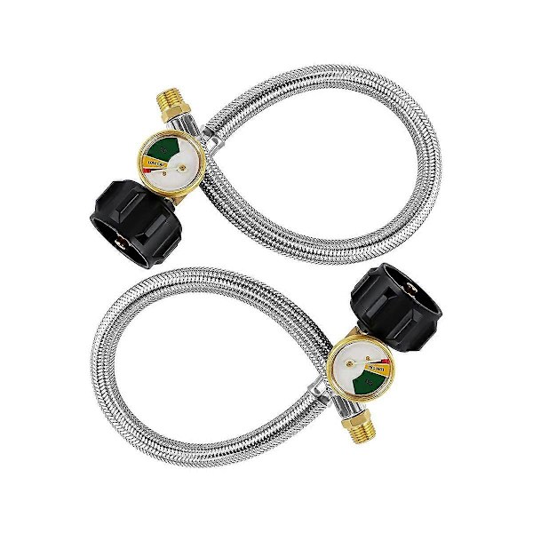 15 Tums RV Propan Slang Pigtail med Mätare för 5-40 Lb Tankar - Rostfritt Flätad Propan Slang Snabbkoppling 2-pack silver