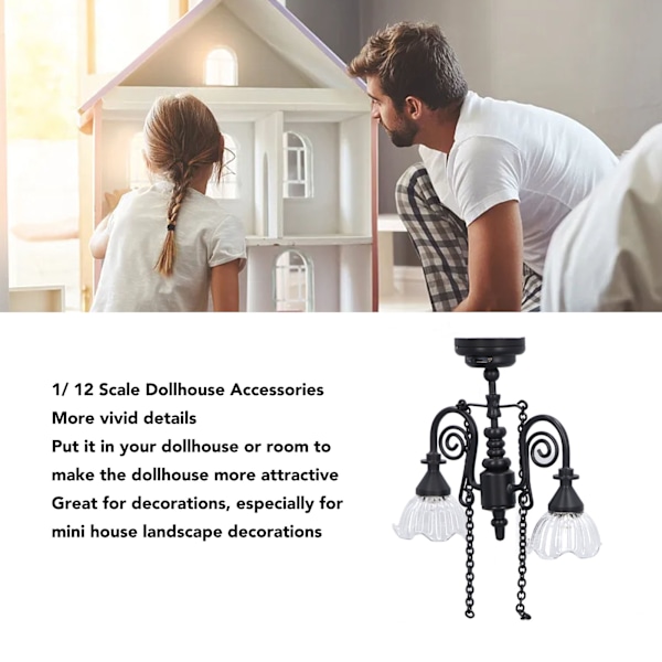 Dockhus Taklampa Multifunktionell Retro Utsökt Simulering Innovativ Dubbel Huvud Blomma 1:12 Skala Miniatyr Taklampa Svart