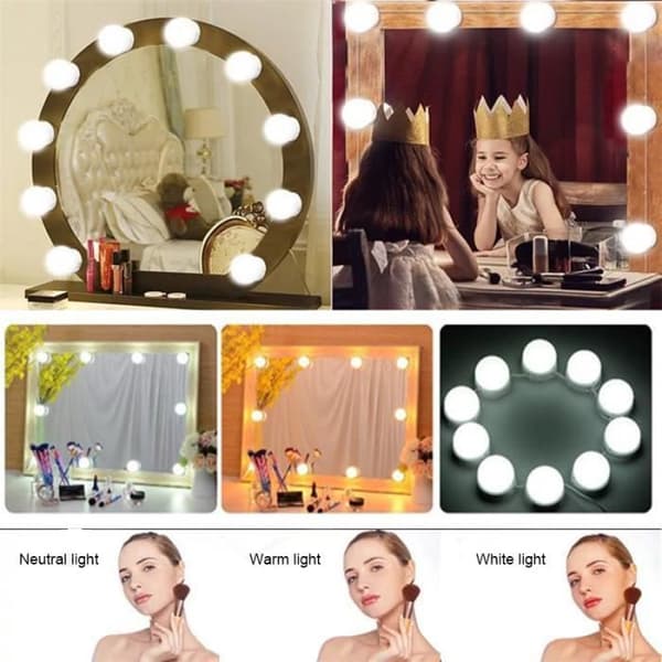Dæmpbart LED-spejllyssæt med 10 DIY-stripmonteringspærer til makeup-bord