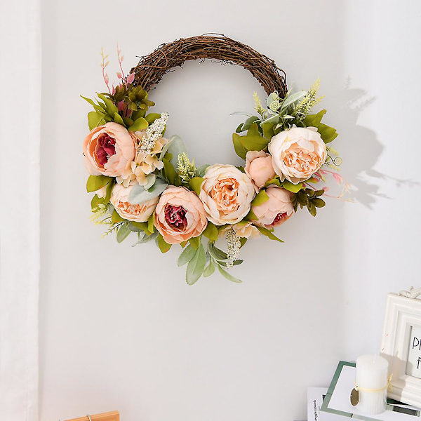 Ny Kunstig Peon Krans Peon Blomsterkrans Forår Sommer Kranser Vinranke Krans Grønne Blade brown