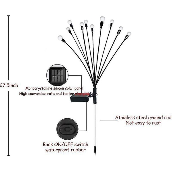 1 stk 10-hodet solcelledrevet ildflue-lys, 10 LED utendørs vanntett solcelledrevet svingende hagelys