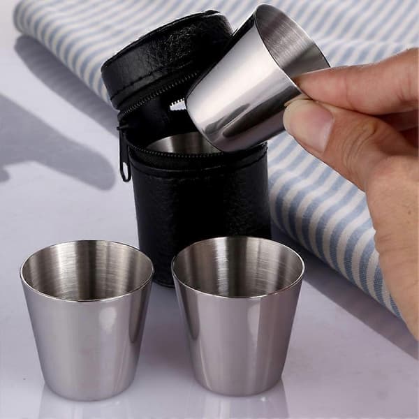 Sæt med 4 shotglas i rustfrit stål med sort læderetui (30 ml)