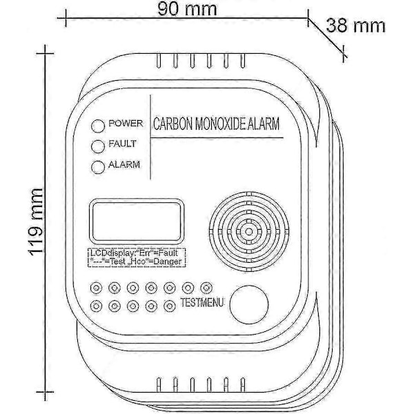 Kulmonoxiddetektor, Batteridrevet, Gasdetektor med Display og Temperaturmåler