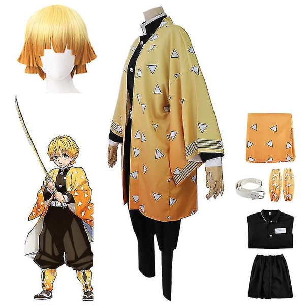 Halloween Fest Demon Slayer Agatsuma Zenitsu Cosplay Festtøj Kostumer Anime Sæt Gaver Outfits with Wig One Size - Wig