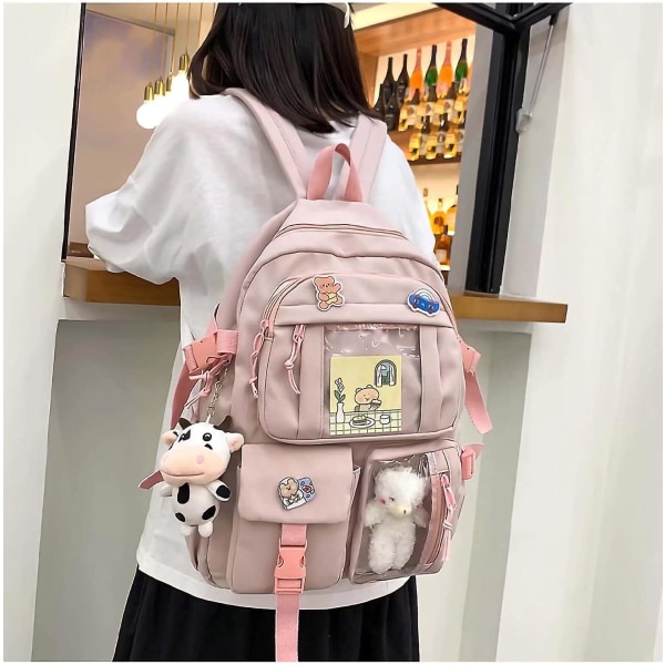 Kawaii Rygsæk Med Sød Plys Vedhæng Og Kawaii Pins, Æstetisk Rygsæk Sød Kawaii Rygsæk Til Skole  (FMY)