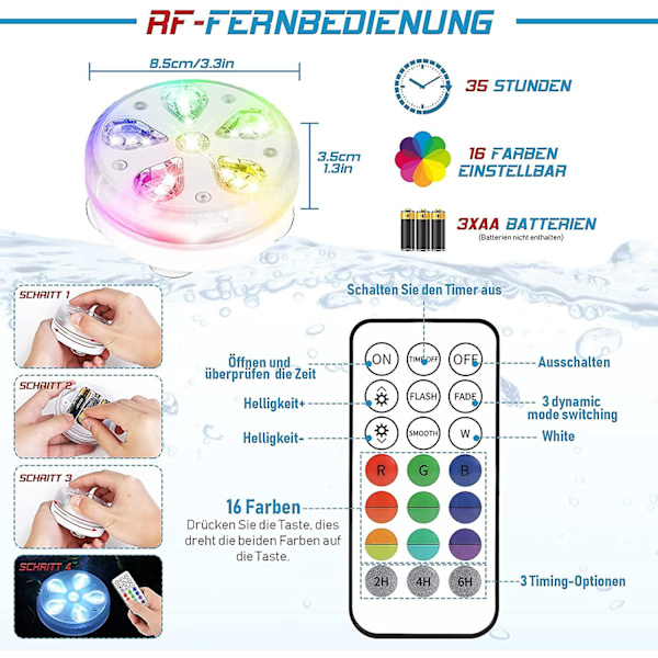 Vandafvisende LED-lys til nedsænkning i pool med RF-fjernbetjening, timer, 16 LED'er, sugekop og magnet til pool, akvarium, vase, fest (4)