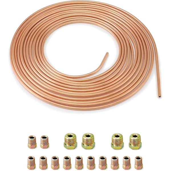 Kobber bremserør 7,6 m, bremserør, OD 4,76 mm, ID 3,3 mm med 16 møtrikker