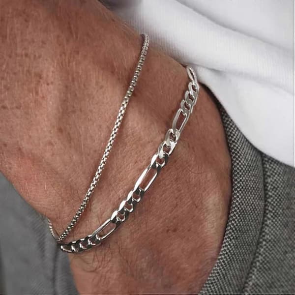 Sølvarmbånd til mænd Rustfrit stål Sølv Lagdelte Armbånd Cubansk Led