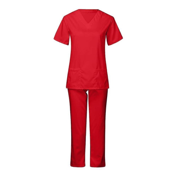 Unisex läkarrock och byxor skrubbset sjuksköterska tandläkare kostym för medicinsk användning Red L
