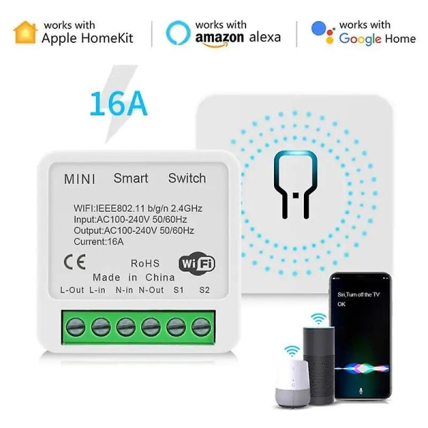 16a Apple Homekit Smart Wifi Switch 2-vägs kontroll Switch Mini Smart Breaker Siri Voice Control Arbeta med Alexa Google Home HotBY 1pcs