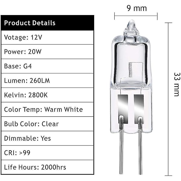 Halogenpærer G4 20w 12v, Varm Hvit 2800k, Dimbar Transparent Kapsel 10