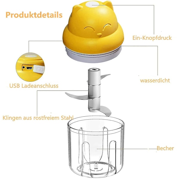 Elektrisk Hakker, 250 Ml Trådløs Bærbar En-Knap Betjening Til Hvidløg, Chili, Grøntsager (Gul)