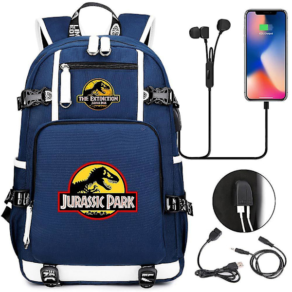 Jurassic Park Dinosaurie USB-laddningsryggsäck för pojkar, flickor, barn - Stora skolväskor med stor kapacitet, tonåringar - Vattentät bärbar dator Reseryggsäck 2